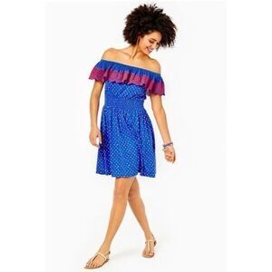 Lilly Pulitzer Kalama Dress Small Off The Shoulder Blue Peasant Eyelet Trim Boho